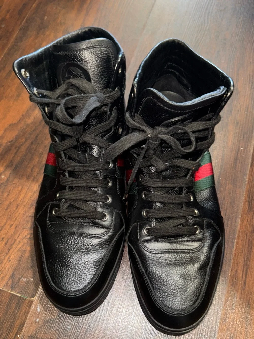 Gucci Black Leather High-Top Boots with Green and Red Web Stripe